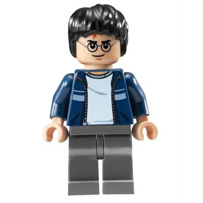 Minifigure Harry Potter, Open Dark Blue Jacket over White Shirt, Dark Bluish Gray Legs del set 4841