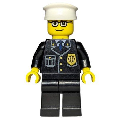 Minifigure Policeman, Black Jacket with Pocket and Badge, White Hat, Glasses from set 7907