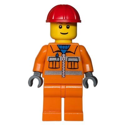 Figurine Construction Worker, Orange Jacket with Zipper and Reflective Stripes, Orange Legs, Red Hard Hat, Brown Eyebrows du set 7994