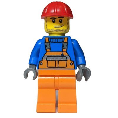 Figurine Worker, Orange Overalls over Blue Sweater, Red Hard Hat (3626b Head) du set 7903