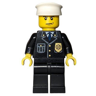 Figurine Policeman, Black Suit with Badge, White Hat, Scowl du set 7904