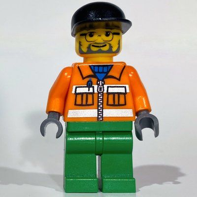 Minifigure Construction Worker, Orange Jacket with Zipper and Reflective Stripes, Green Legs, Black Cap, Beard and Glasses from set 7907