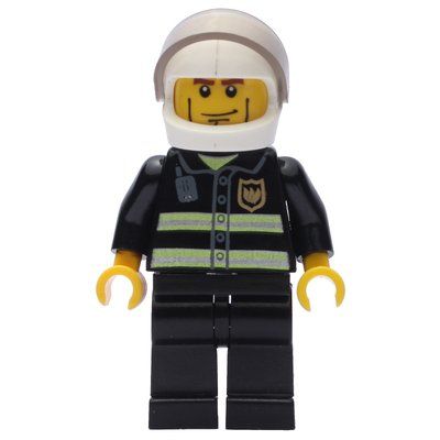 Minifiguur Fireman, Black Fire Jacket with Reflective Stripes, Radio, and Badge, White Helmet with Visor, Cheek Lines uit set 7213