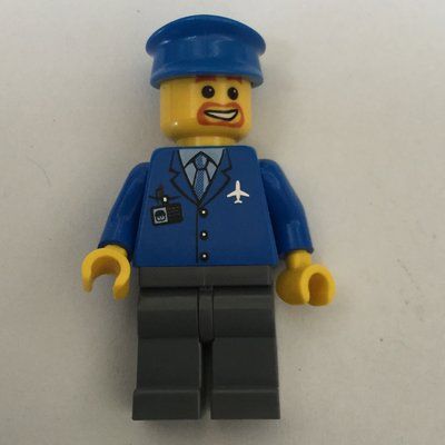 Minifigure Pilot, Blue Jacket with Plane Logo and Blue Tie, Blue Hat, Goatee Beard from set 7907