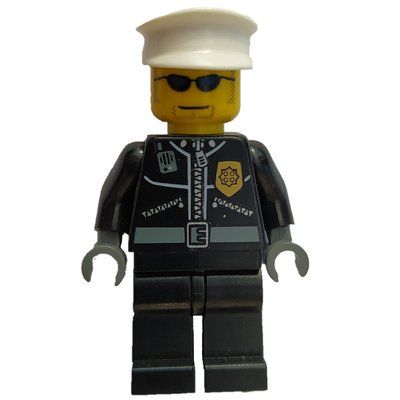 Figurine Policeman, Black Jacket with Zipper, Radio, and Badge, White Hat, Sunglasses du set 30002