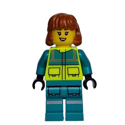 Minifigura Paramedic, Vibrant Yellow Safety Vest, Dark Turquoise Legs, Dark Orange Hair del set 60403