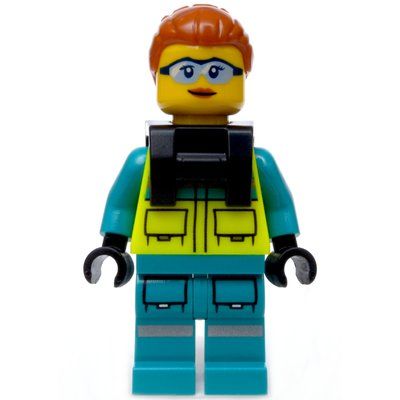 Minifigura Paramedic, Vibrant Yellow Safety Vest, Dark Turquoise Legs, Dark Orange Hair, Safety Glasses del set 60405