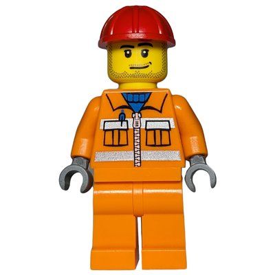 Figurine Construction Worker, Orange Jacket with Zipper and Reflective Stripes, Red Hard Hat, Stubble du set 7630