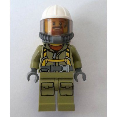 Figurine Volcano Explorer, Man, Olive Green Jumpsuit with Straps, White Hard Hat with Visor, Breathing Apparatus, Airtanks, Goatee Beard du set 30350