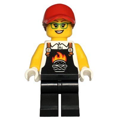 Minifigura Chef, Black Apron with Flaming Burger, Black Legs, Red Cap, Glasses del set 60404
