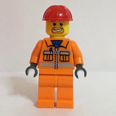 Figurine Construction Worker, Orange Jacket with Zipper and Reflective Stripes, Red Hard Hat, Goatee Beard du set 7633