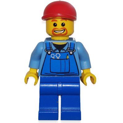 Figurine Man, Blue Overalls over Shirt, Blue Legs, Red Cap, Goatee Beard du set 7901