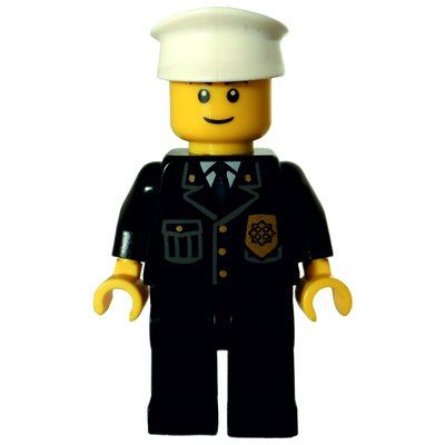 Minifigure Policeman, Black Jacket with Pocket and Badge, White Hat, Smile, Brown Eyebrows del set 7236