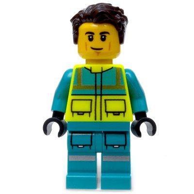 Minifigura Paramedic, Vibrant Yellow Safety Vest, Dark Turquoise Legs, Dark Brown Hair del set 60405