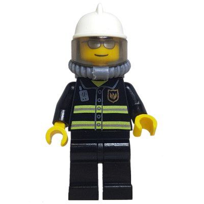 Figurine Fireman, Black Fire Jacket with Reflective Stripes, Radio, and Badge, White Helmet, Breathing Apparatus, Airtanks, Silver Sunglasses du set 7891