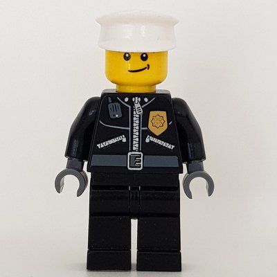 Figurine Policeman, Black Jacket with Zipper, Radio, Badge, and 'POLICE' on Back, White Hat du set 7553