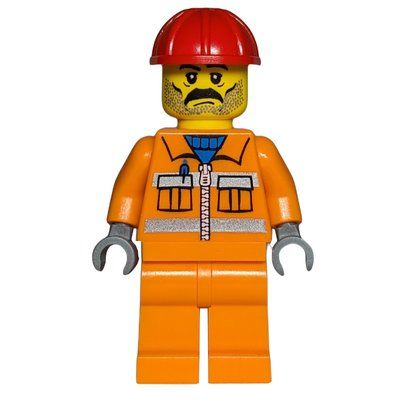 Figurine Construction Worker, Orange Jacket with Zipper and Reflective Stripes, Orange Legs, Red Hard Hat, Moustache and Stubble du set 7324
