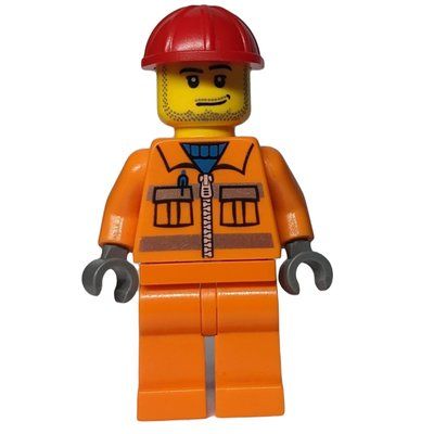 Figurine Construction Worker in Orange Jacket with Zipper and Reflective Stripes, Red Helmet, Smirk and Stubble Beard du set 10666