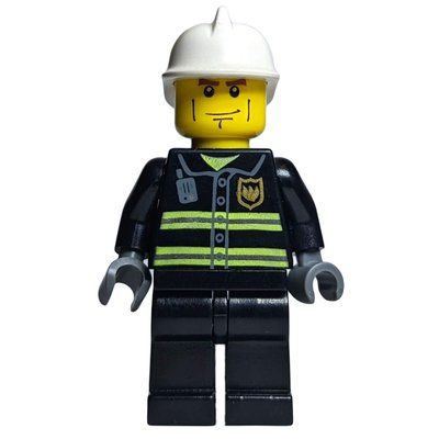 Figurine Fireman, Black Fire Jacket with Reflective Stripes, Radio, and Badge, Dark Bluish Gray Hands, White Helmet, Cheek Lines du set 7239