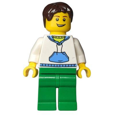 Figurine Man, White and Blue Hoodie, Green Legs, Dark Brown Hair du set 3177