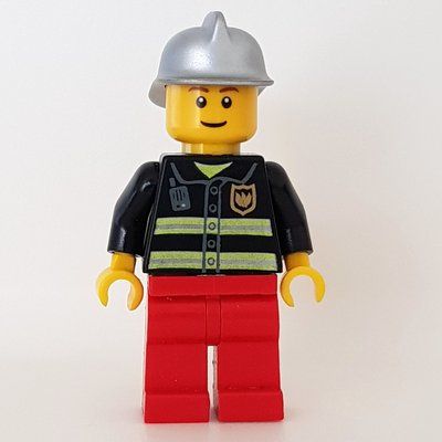 Minifigurka Fireman, Black Fire Jacket with Reflective Stripes, Radio, and Badge, Red Legs, Silver Helmet z zestawu 6191