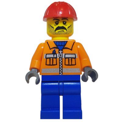 Figurine Construction Worker, Orange Jacket with Zipper and Reflective Stripes, Blue Legs, Red Hard Hat, Moustache and Stubble du set 7242