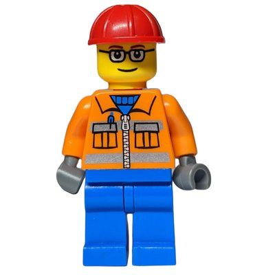 Minifigur Construction Worker, Orange Jacket with Zipper and Reflective Stripes, Blue Legs, Red Hard Hat, Glasses aus Set 3179