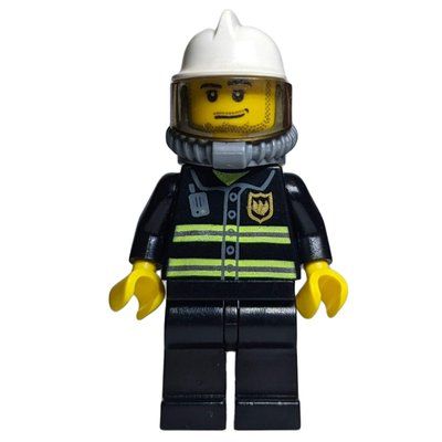 Figurine Fireman, Black Fire Jacket with Reflective Stripes, Radio, and Badge, White Helmet, Breathing Apparatus, Airtanks, Stubble du set 20002
