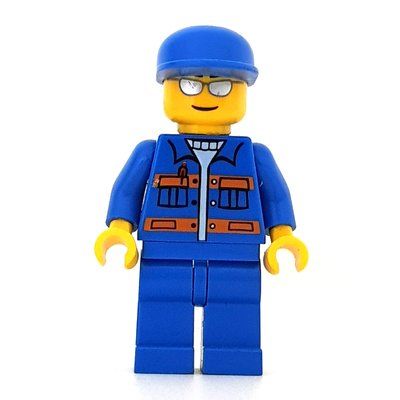 Minifiguur Worker, Blue Jacket with Orange Stripes, Blue Legs, Blue Cap, Silver Sunglasses uit set 7638