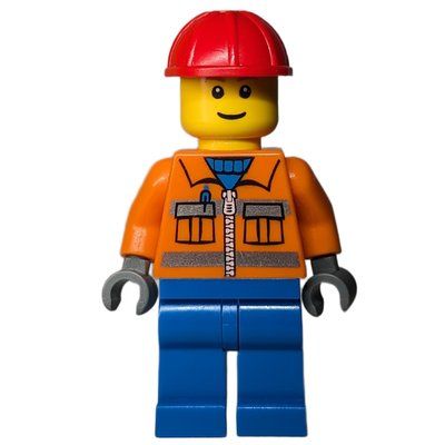 Figurine Construction Worker, Orange Jacket with Zipper and Reflective Stripes, Blue Legs, Red Hard Hat du set 7631