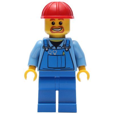 Figurine Construction Worker, Blue Overalls over Medium Blue Shirt, Red Hard Hat, Goatee Beard du set 30003