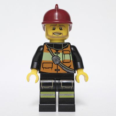 Figurine Fireman, Orange Safety Vest with Radio, Dark Red Helmet, Beard du set 30221