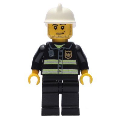 Minifiguur Fireman with Reflective Stripes and Radio, White Fire Helmet, and Beard Stubble uit set 7213