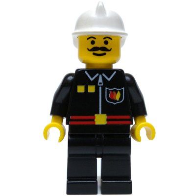 Figurine Fireman, Black Fire Jacket with Red Belt and Badge, White Helmet, Moustache du set 6525