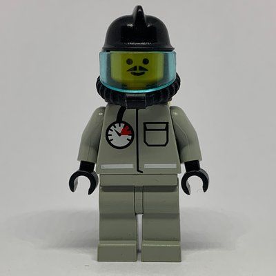 Minifigure Fireman, Light Gray Fire Suit with Gauge and Pocket, Black Helmet with Visor, Breathing Apparatus, Airtanks, Moustache del set 6614