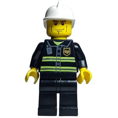 Figurine Fireman, Black Fire Jacket with Reflective Stripes, Radio, and Badge, Yellow Hands, White Helmet, Cheek Lines du set 7906