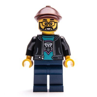 Minifigure Man, Black Jacket, Dark Blue Legs, Reddish Brown Flat Cap from set 60406