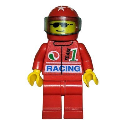 Minifigure Racer, Red Jacket with Octan Logo and 'RACING', Red Legs, Red Helmet with Visor, Sunglasses from set 6335