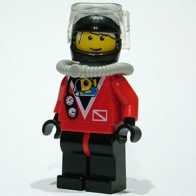 Figurine Diver, Man, Red Wetsuit, Black Helmet with Mask, Airtank, Printed White Hair du set 6555