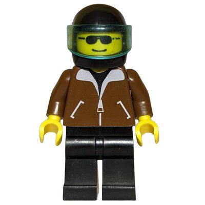 Minifigure Man, Brown Jacket, Black Legs, Black Helmet with Visor, Sunglasses from set 6615