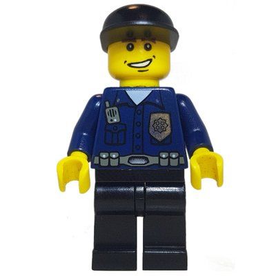 Minifigura Policeman, Dark Blue Shirt with Radio and Badge, Black Legs, Black Cap, Smile del set 4850
