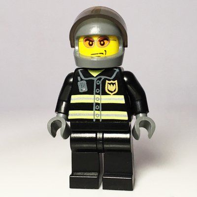Figurine Fireman, Black Fire Jacket with Reflective Stripes, Radio, and Badge, Dark Bluish Gray Helmet with Visor, Orange Sunglasses du set 7238