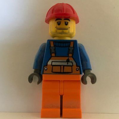 Figurine Construction Worker, Orange Overalls over Blue Sweater, Red Hard Hat, Stubble du set 7248