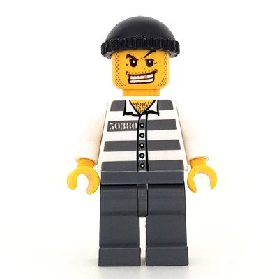Figurine Criminal, Prison Shirt with #50380, Dark Bluish Gray Legs, Black Hat, Gold Tooth du set 7899
