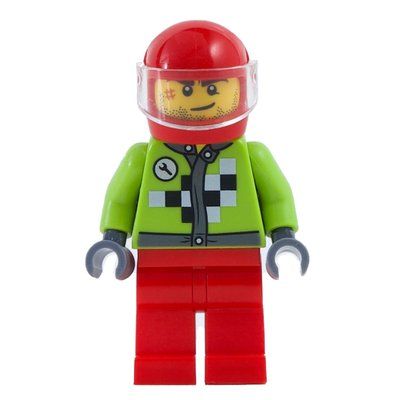 Figurine Racer with Lime Jacket with Black and White Checks, Red Helmet with Trans-Clear Visor du set 30473