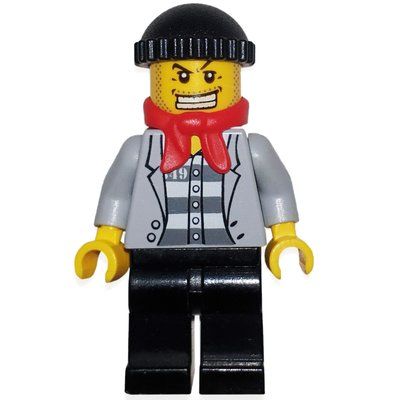 Figurine Criminal, Open Light Bluish Gray Jacket over Prison Shirt, Black Hat, Red Scarf, Gold Tooth du set 7553