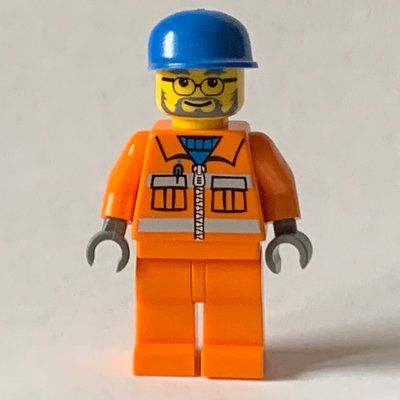 Figurine Construction Worker in Orange Jacket with Zipper and Reflective Stripes, Blue Cap, Gray Beard du set 7687