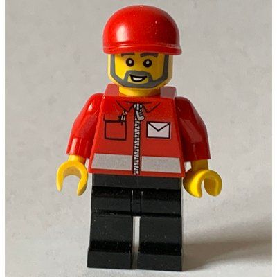 Figurine Postal Worker, Red Jacket with Zipper and Letter Logo, Black Legs, Red Cap, Beard du set 7687