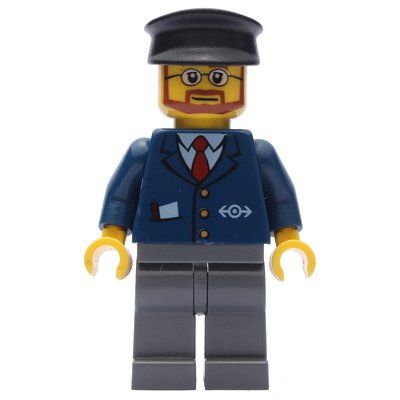 Minifigure Train Worker, Dark Blue Jacket with Train Logo, Black Hat, Beard and Glasses from set 7907