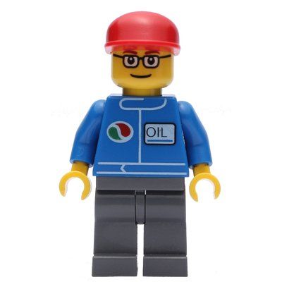 Minifigure Mechanic, Blue Jumpsuit with Octan Logo, Dark Bluish Gray Legs, Red Cap, Glasses from set 7907